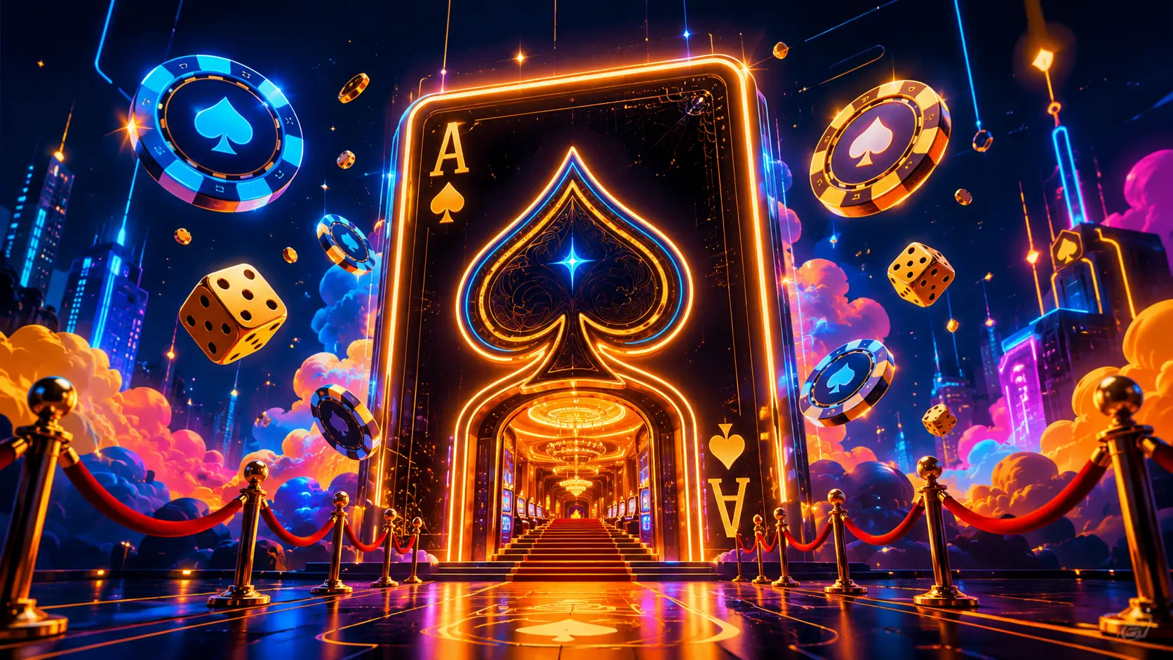 casino site midjourney entrance shaped like a glowing playing card, surrounded by floating chips, golden dice, velvet ropes, and whimsical neon clouds created with Midjourney.