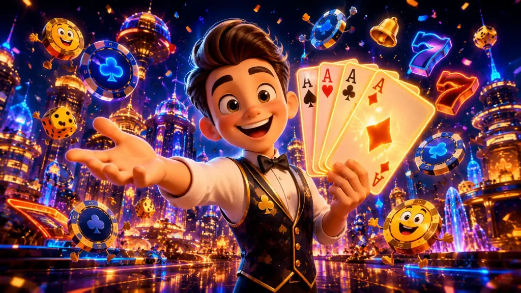 Cheerful cartoon dealer presenting oversized cards beside dancing poker chips