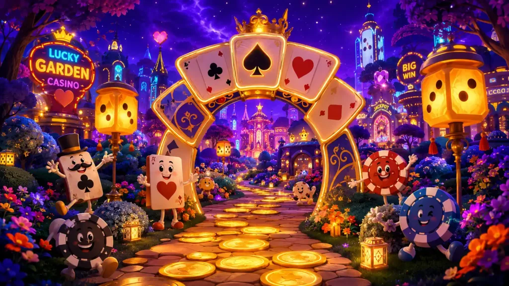 casino site midjourney garden featuring card-shaped arches