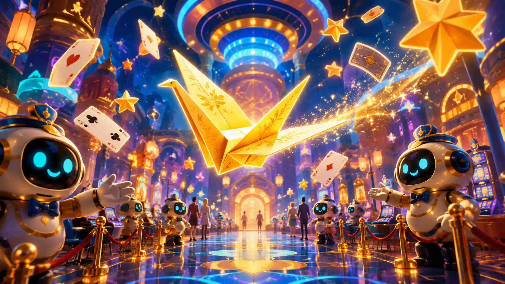 Casino Site Sora scene with a glowing paper crane