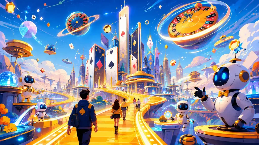 Casino Site Sora concept featuring a futuristic city of card-shaped towers