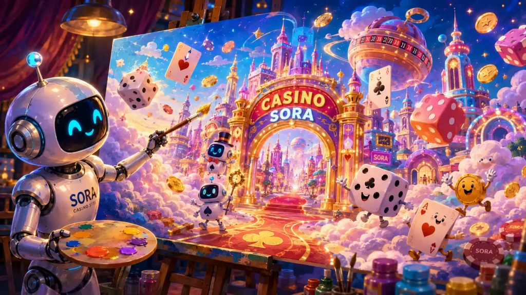 Casino Site Sora illustration showing a friendly silver robot painting a dreamlike casino landscape