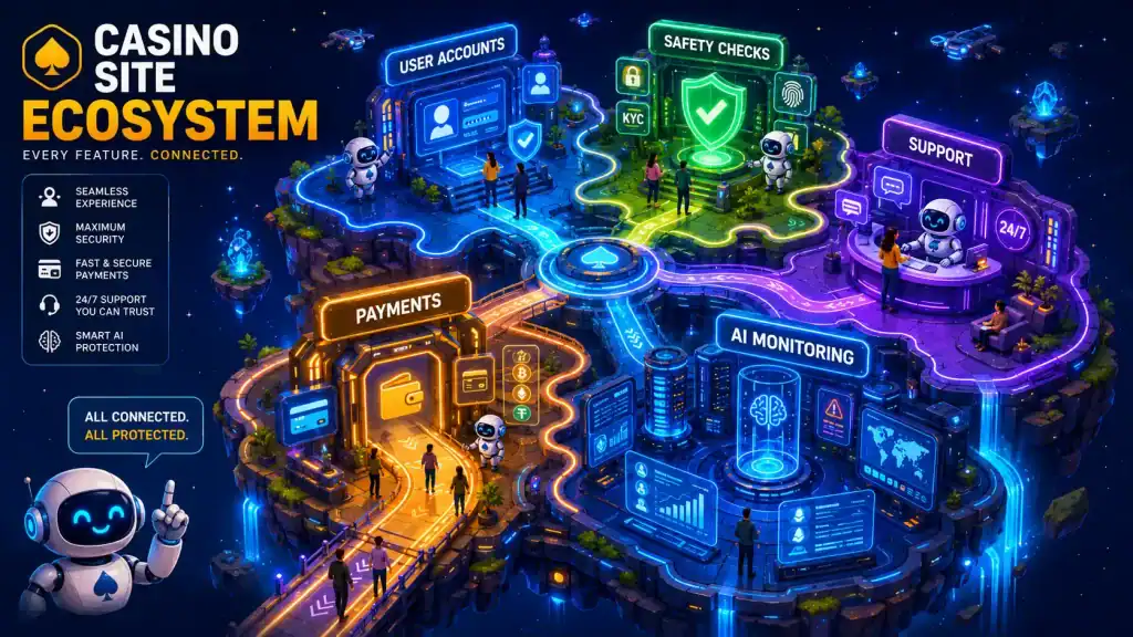A playful isometric illustration of a Casino Site Ecosystem as a floating tech island