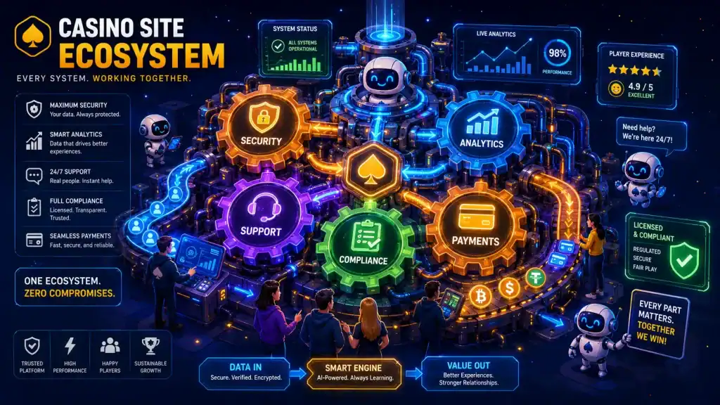 A whimsical cartoon machine representing a Casino Site Ecosystem