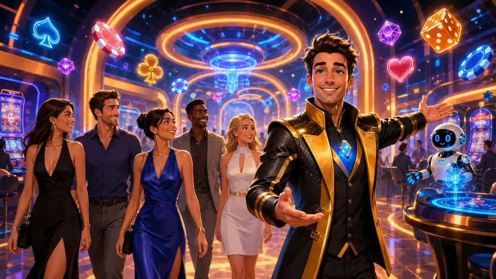 Casino Site Avatar dressed as a futuristic host guides a diverse group of adult guests through a bright digital casino