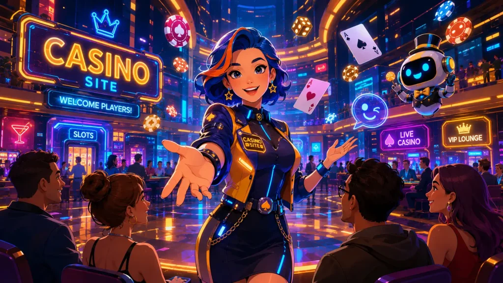 Casino Site Avatar stands at the center of a cyberpunk-inspired casino hall