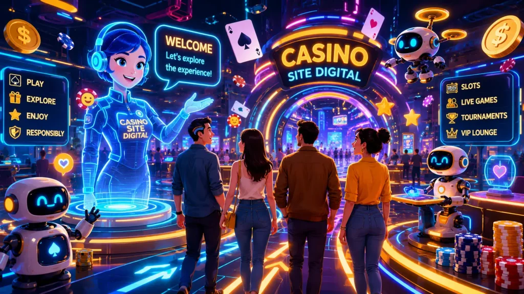 Casino Site Digital illustration featuring adult guests following an expressive digital guide through a cyberpunk-inspired entertainment space