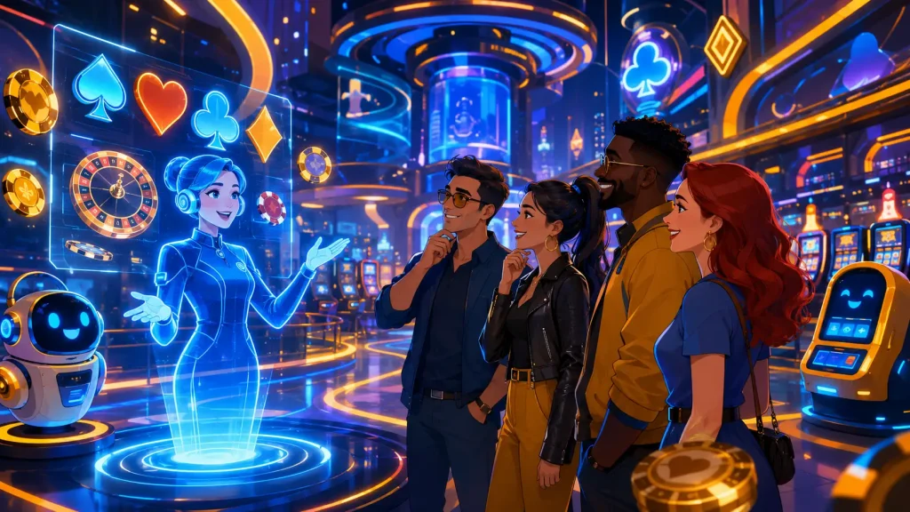 Casino Site Digital artwork depicting a futuristic virtual concierge explaining casino features to a small group of adult visitors