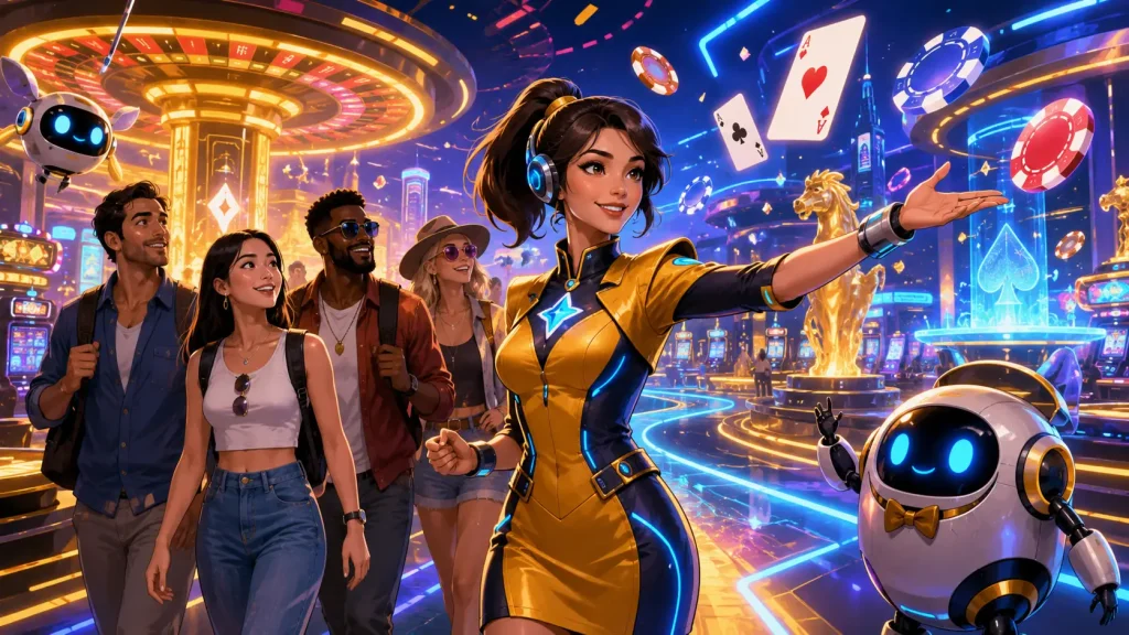 Casino Site Digital scene with a confident digital hostess guiding adult travelers across a bright virtual casino floor