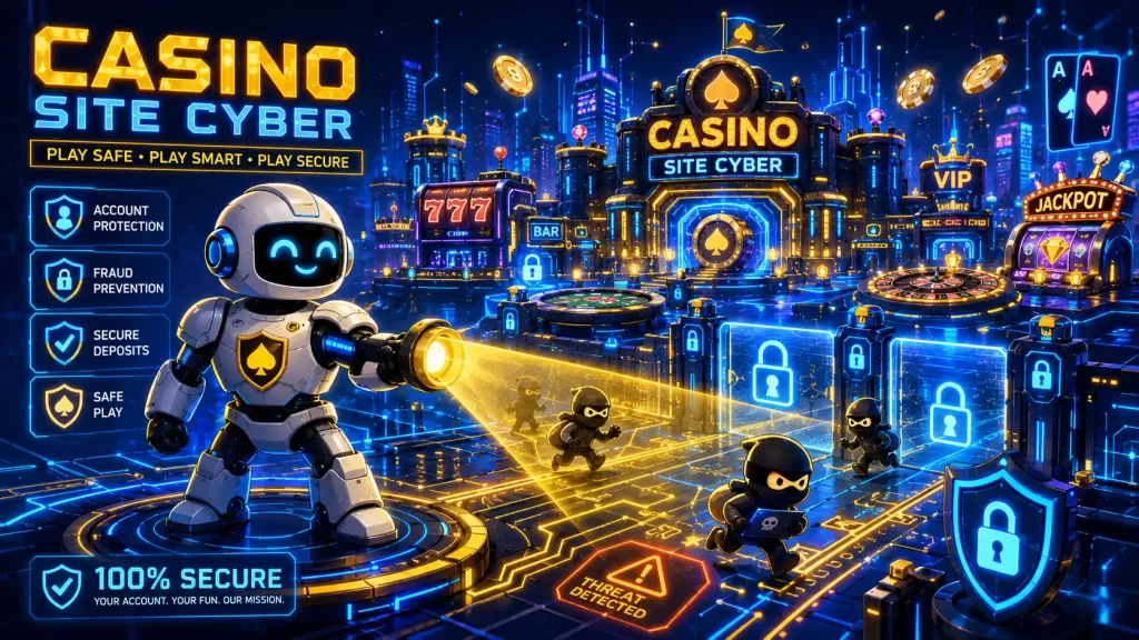 Casino Site Cyber as a high-tech security team guarding a bright online casino city