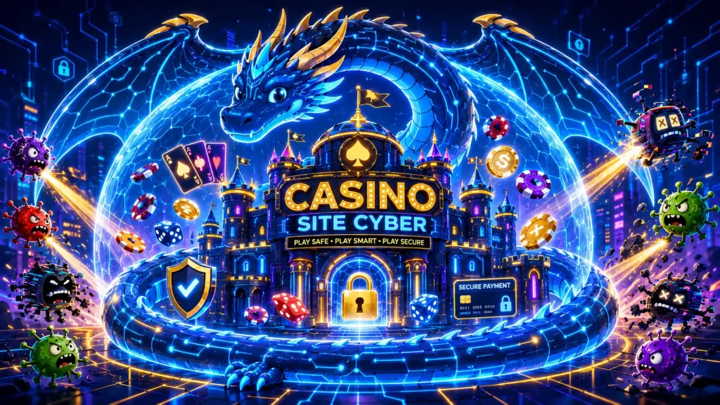 Casino Site Cyber represented by a giant cyber dragon made of blue circuits curling protectively around a colorful casino castle