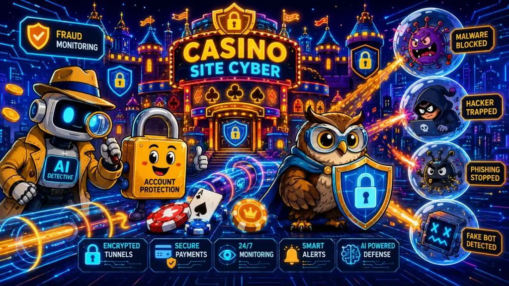 Casino Site Cyber illustration featuring a diverse group of friendly digital guardians