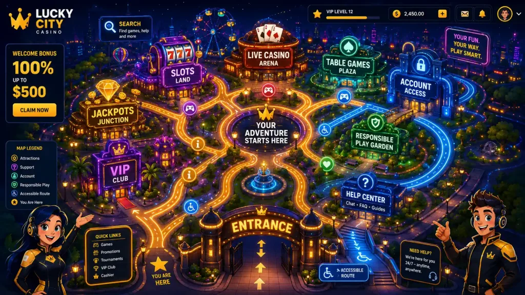 casino site interface as an interactive theme park map