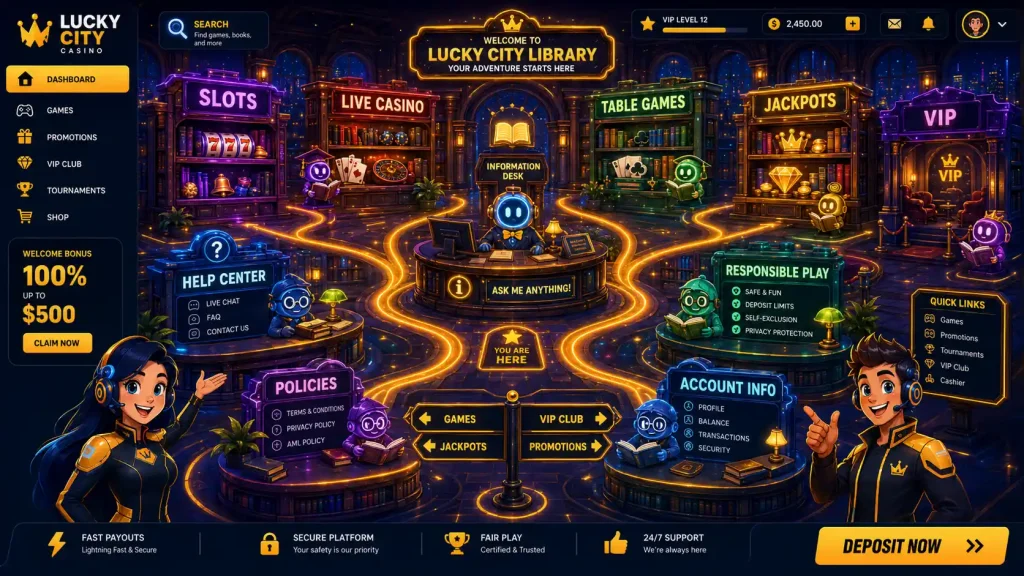 Creative cartoon scene portraying a casino site interface as a well-organized library