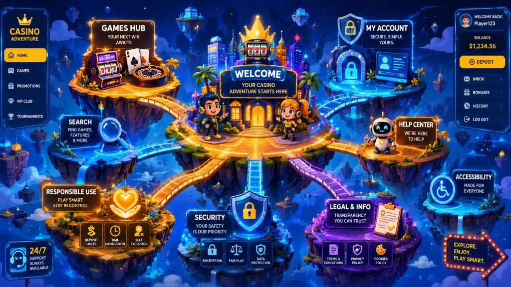 casino site interface as a floating network of colorful islands