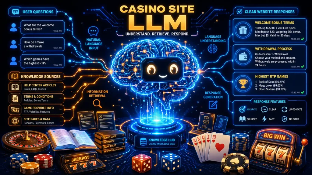 Detailed cartoon illustration of a Casino Site LLM