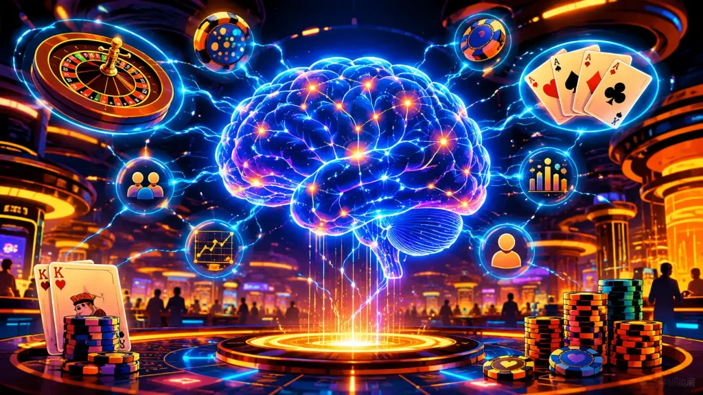 Vivid cyberpunk cartoon depicting Casino Site Neural