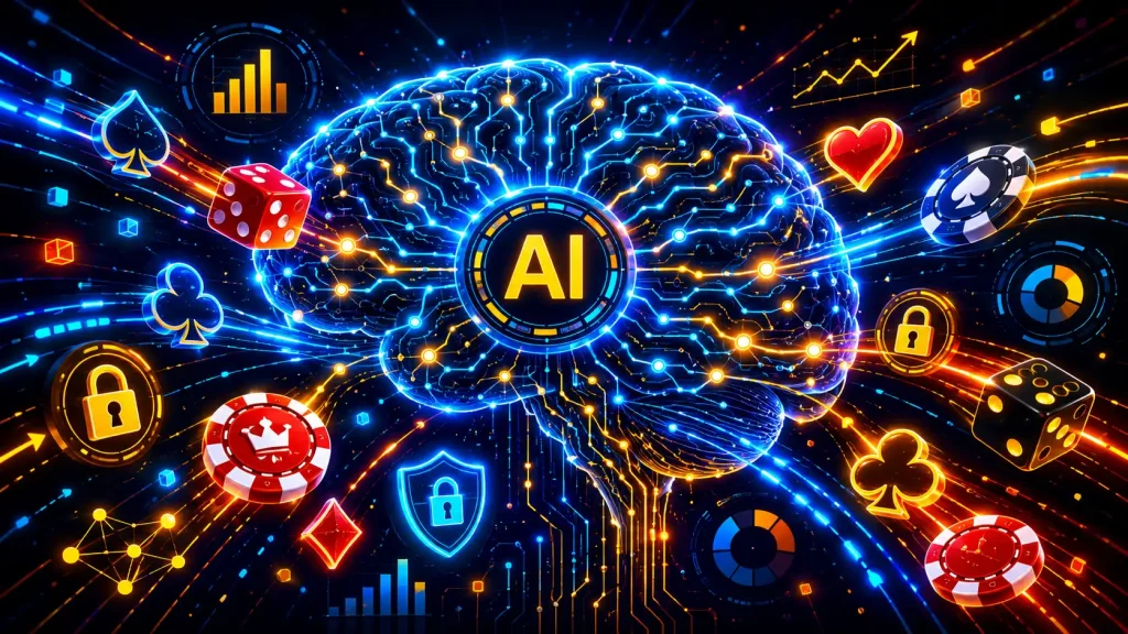 Playful futuristic Casino Site Neural artwork featuring a large AI brain