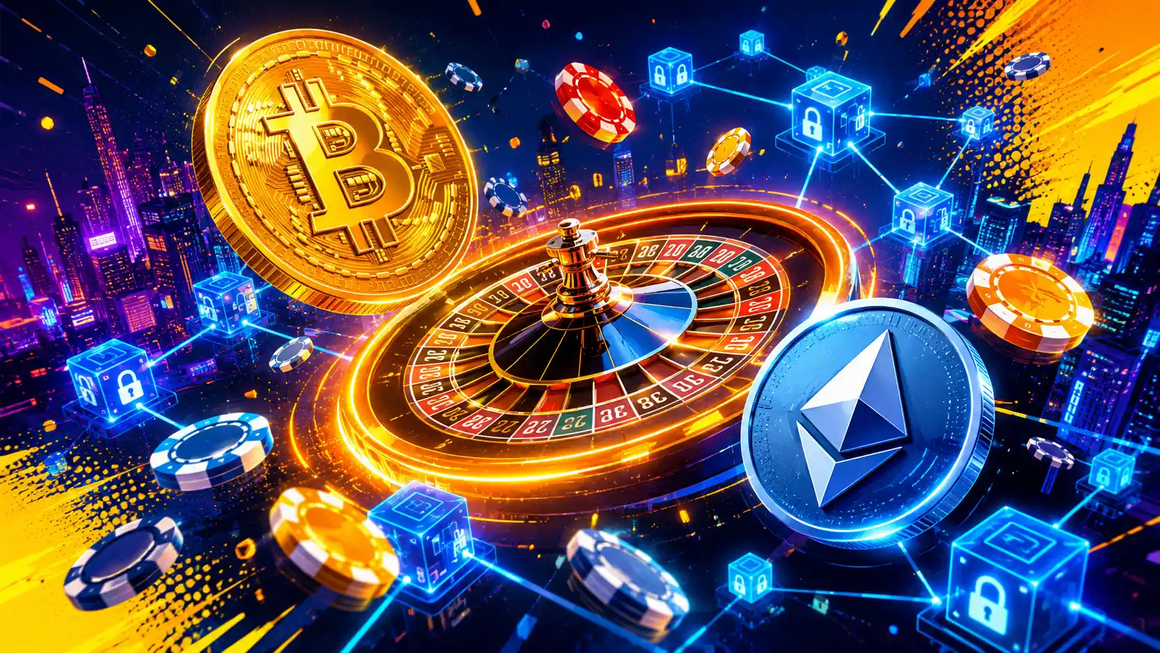 Casino site crypto concept featuring oversized Bitcoin and Ethereum coins