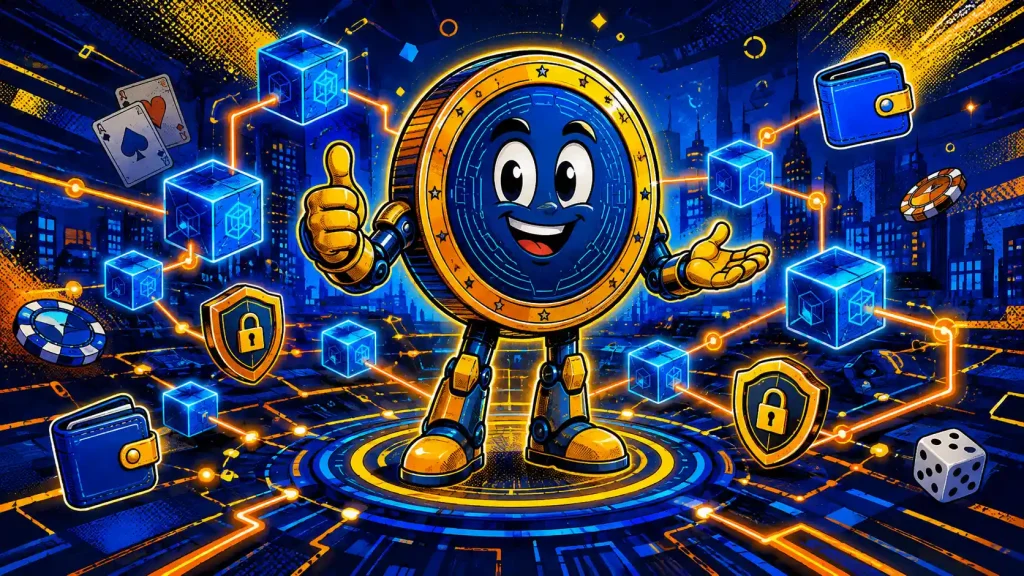 대형 Casino Site Token을 보여주는 창의적인 만화 스타일 장면