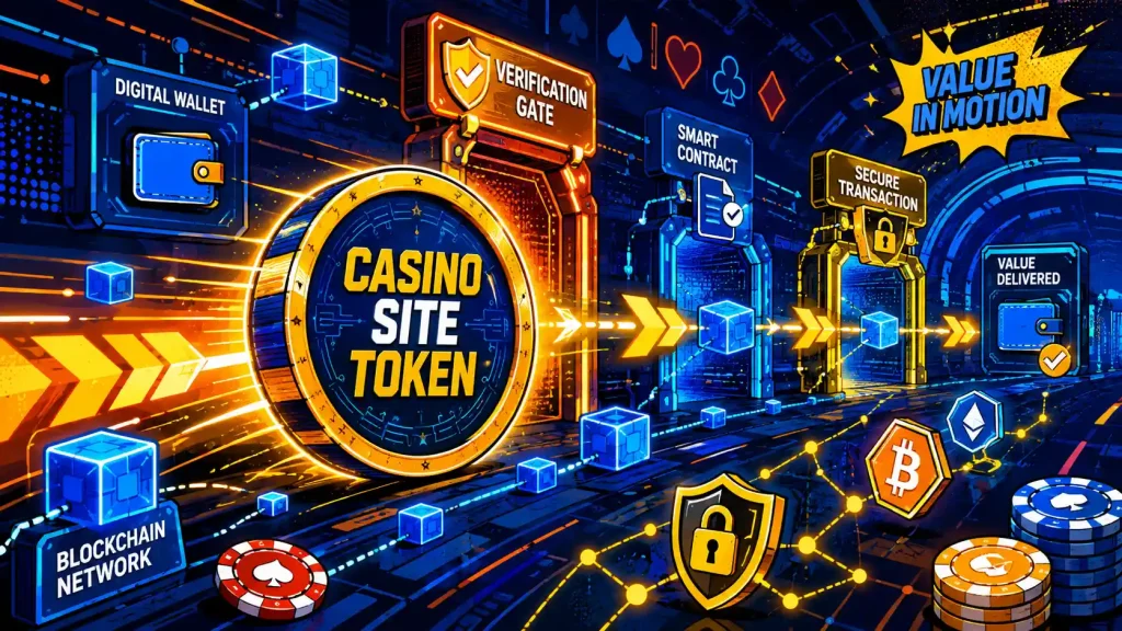화려한 블록체인 터널을 이동하는 역동적으로 묘사된 Casino Site Token