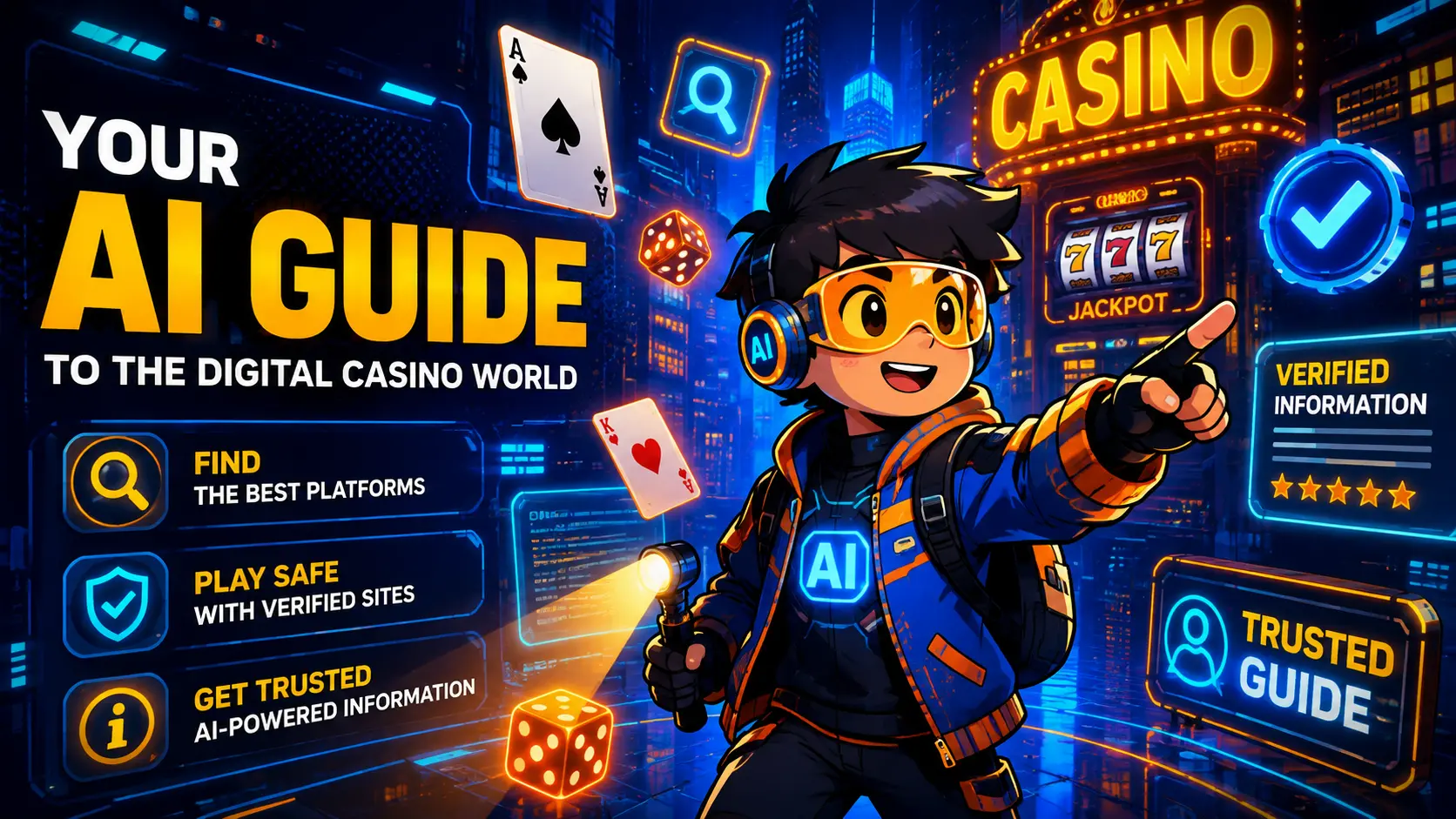 Cartoon-style AI guide character exploring a glowing digital casino site gemini world