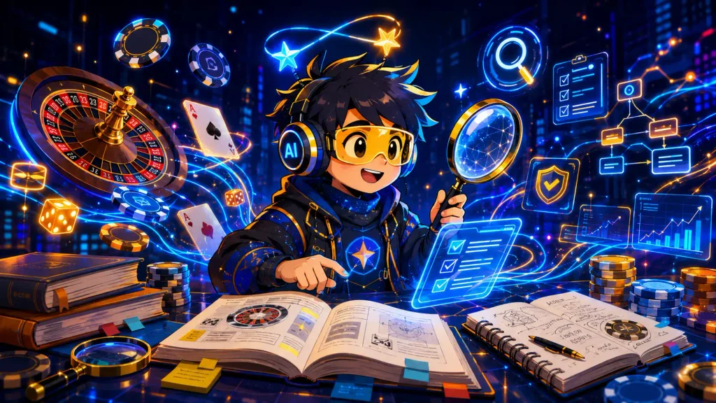 Playful futuristic illustration of  Casino Site Gemini inspired artificial intelligence analyzing casino concepts