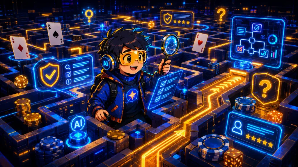Creative cartoon scene showing a friendly AI researcher navigating a neon casino-themed information maze filled with cards