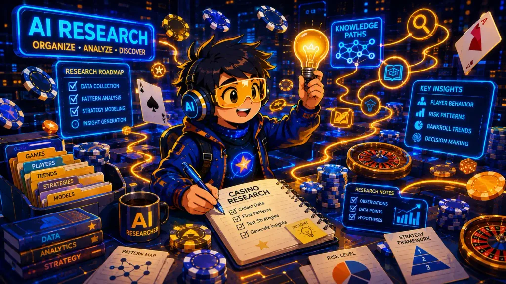 Vibrant animated illustration of artificial intelligence organizing casino research