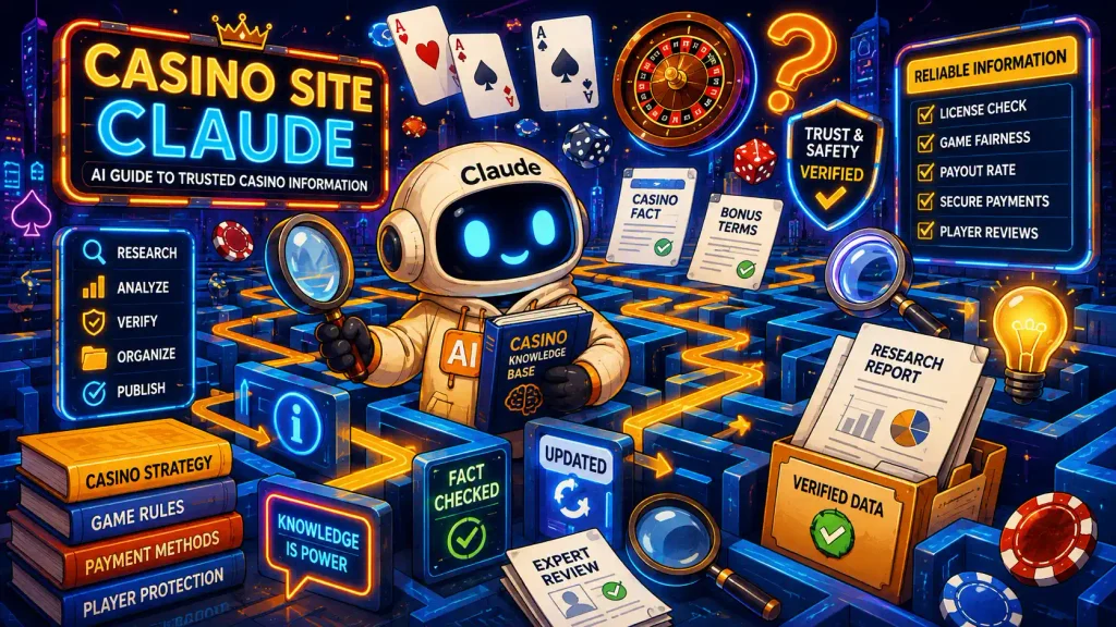 Vibrant cartoon scene showing Casino Site Claude as an intelligent guide navigating a maze of casino symbols