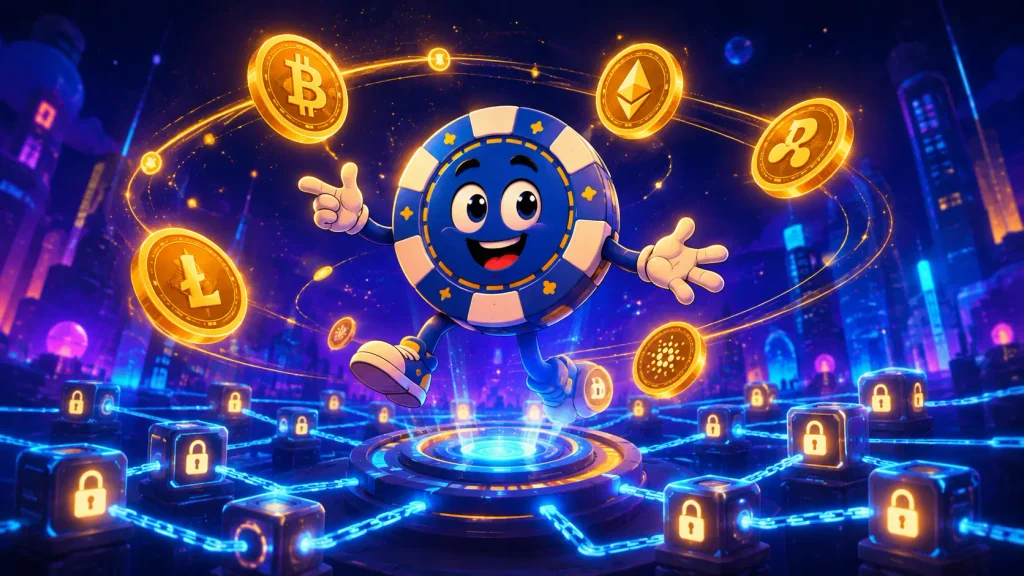 casino site stablecoin chip while blockchain links form a secure payment network.