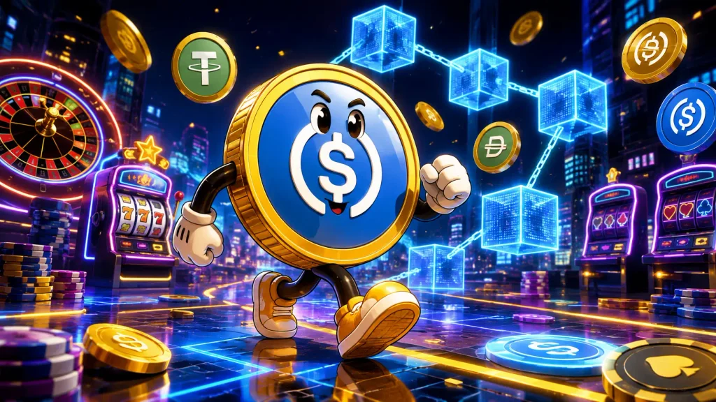 Casino Site stablecoin character crossing a neon casino floor surrounded by blockchain cubes and digital currency symbols.