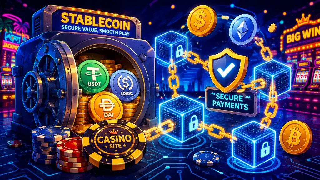 Cartoon vault holding stablecoins beside casino site stablecoin