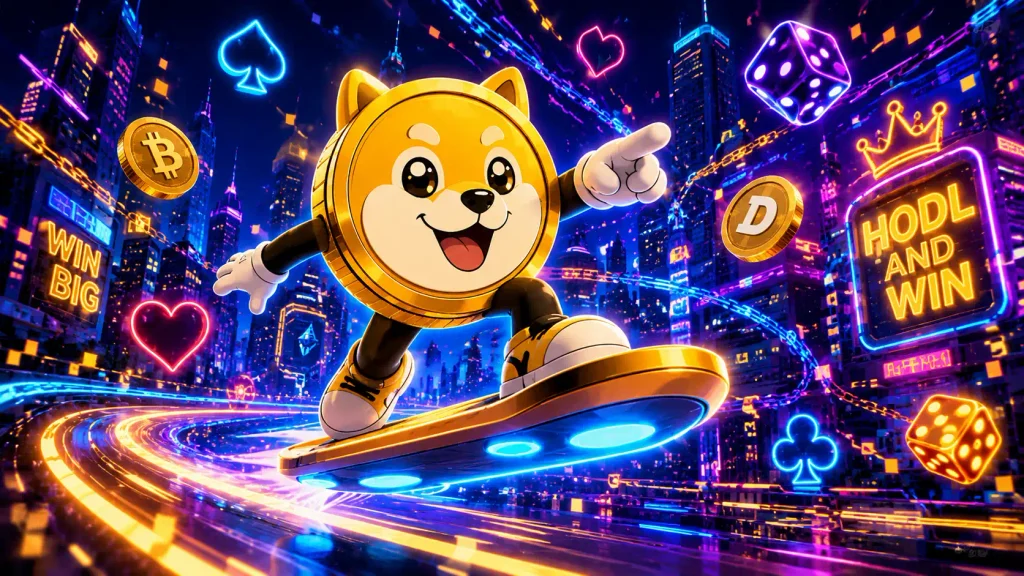 Vibrant cyberpunk city scene where a cheeky casino site memecoin character rides a neon hoverboard past glowing card suits