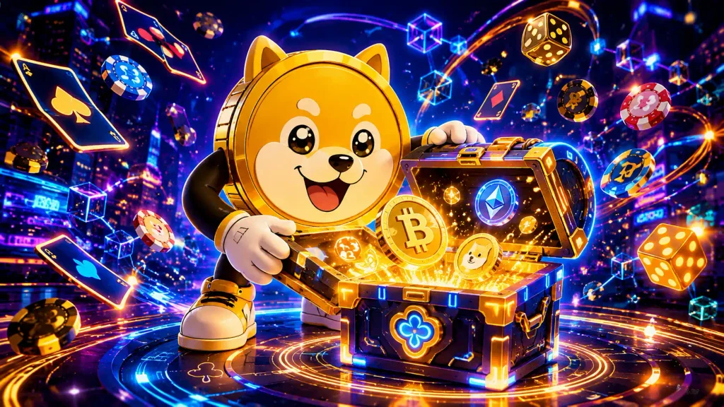Playful casino site memecoin creature opening a futuristic treasure chest filled with glowing crypto symbols