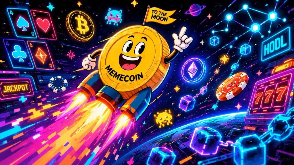 rocket shaped like a memecoin blasting through a colorful crypto universe